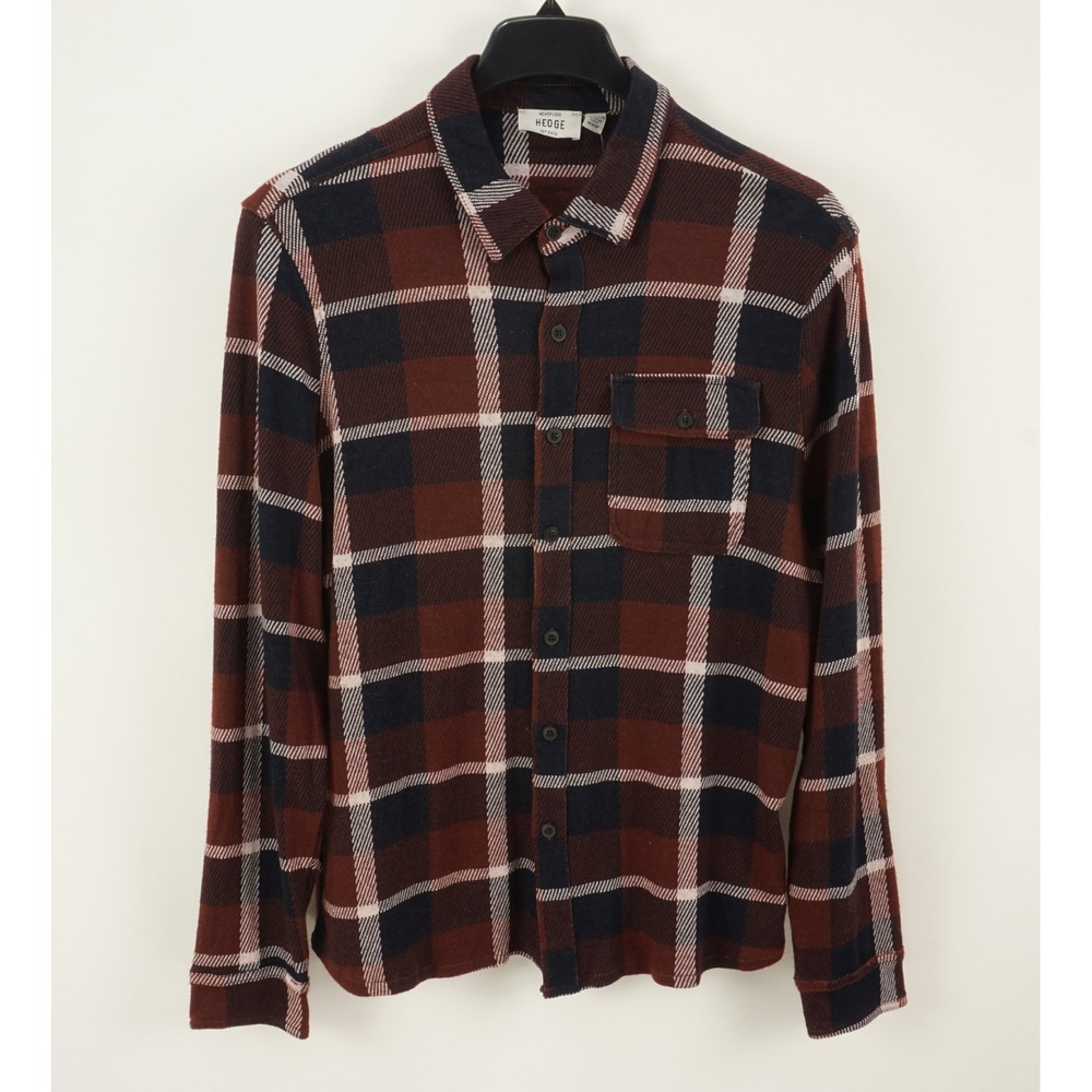 New HEDGE Men's‎ Medium Red Maroon Blue White Flannel Stretch Button Up Shirt